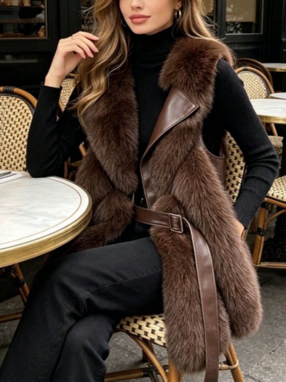 Brown Casual Women's Slim Fit And Versatile Faux Fur Vest Coat - Picture 4 of 5